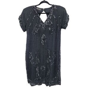 Vintage 80s Silk Black Beaded Sequined Short Sleeve Flapper Dress Sz M Cutout